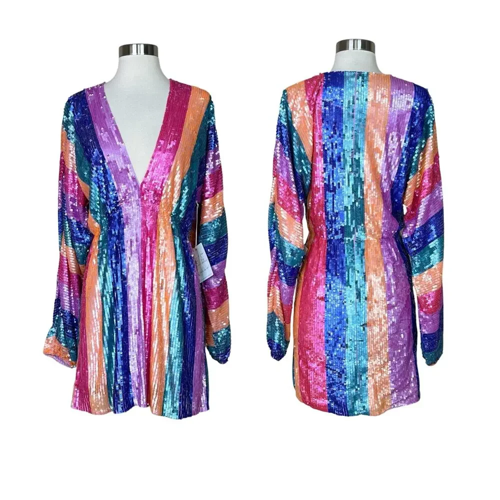 NEW Show Me Your Mumu | Kidman Neon Stripe Sequin Long Sleeve Mini Dress M NWT - Picture 10 of 10